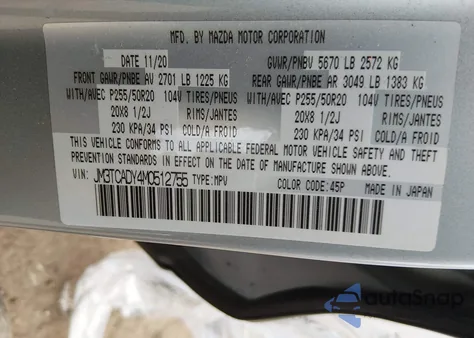 2021 Mazda Cx-9 Grand Touring from USA, damaged, VIN JM3TCADY4M0512755